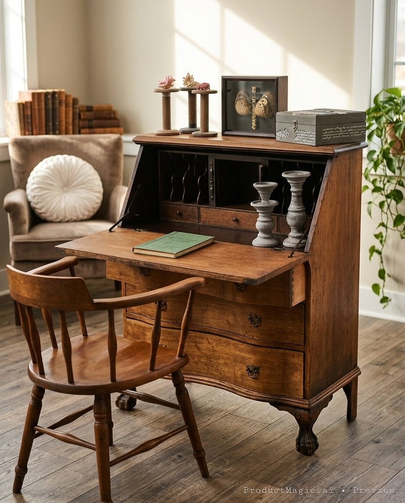 An antique wooden secretary desk with a spindle-back chair, vintage books, and candlesticks in a sunlit room.