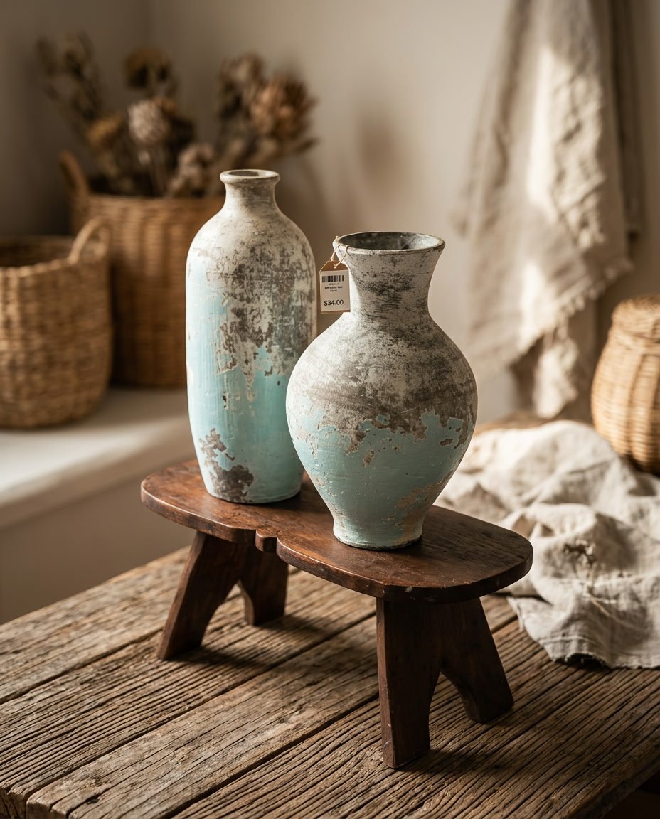 Two weathered aqua and cream pottery vases displayed on a small wooden stool.