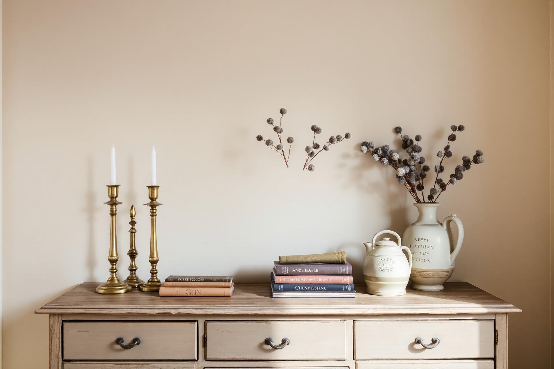 A styled vignette inside The Nest featuring a weathered wooden dresser, brass candlesticks, vintage books, and stoneware in warm natural light.